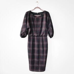 Donna Karan Black Red Plaid Tartan Print Puff Sleeve Midid Holiday Dress Size 4